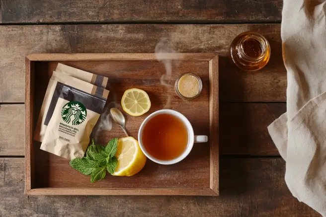 Ingredients for Starbucks Medicine Ball Tea, including lemonade, honey, Teavana tea sachets, lemon slices, and mint.