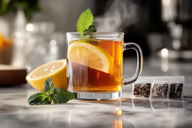 Freshly prepared Starbucks Medicine Ball Tea in a clear glass mug, garnished with mint and lemon.