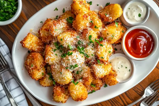 A serving platter of crispy country potatoes garnished with parsley and Parmesan.