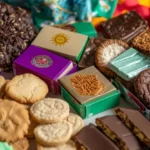 Assorted Girl Scout cookies and vintage sash on a wooden table, including Thin Mints and Samoas