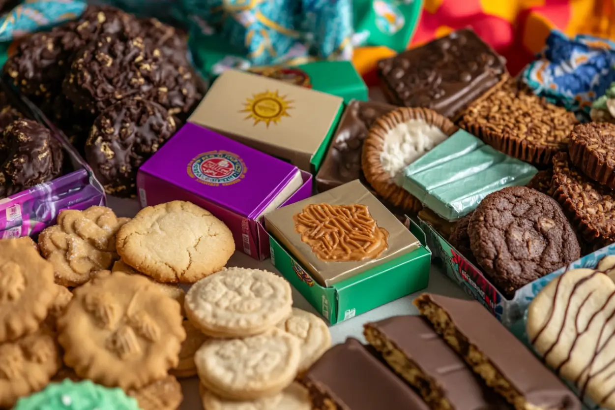 Assorted Girl Scout cookies and vintage sash on a wooden table, including Thin Mints and Samoas