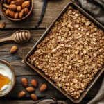 Golden vanilla nut granola in a baking sheet with almonds and oats, served with a side of yogurt and honey on a rustic wooden table.