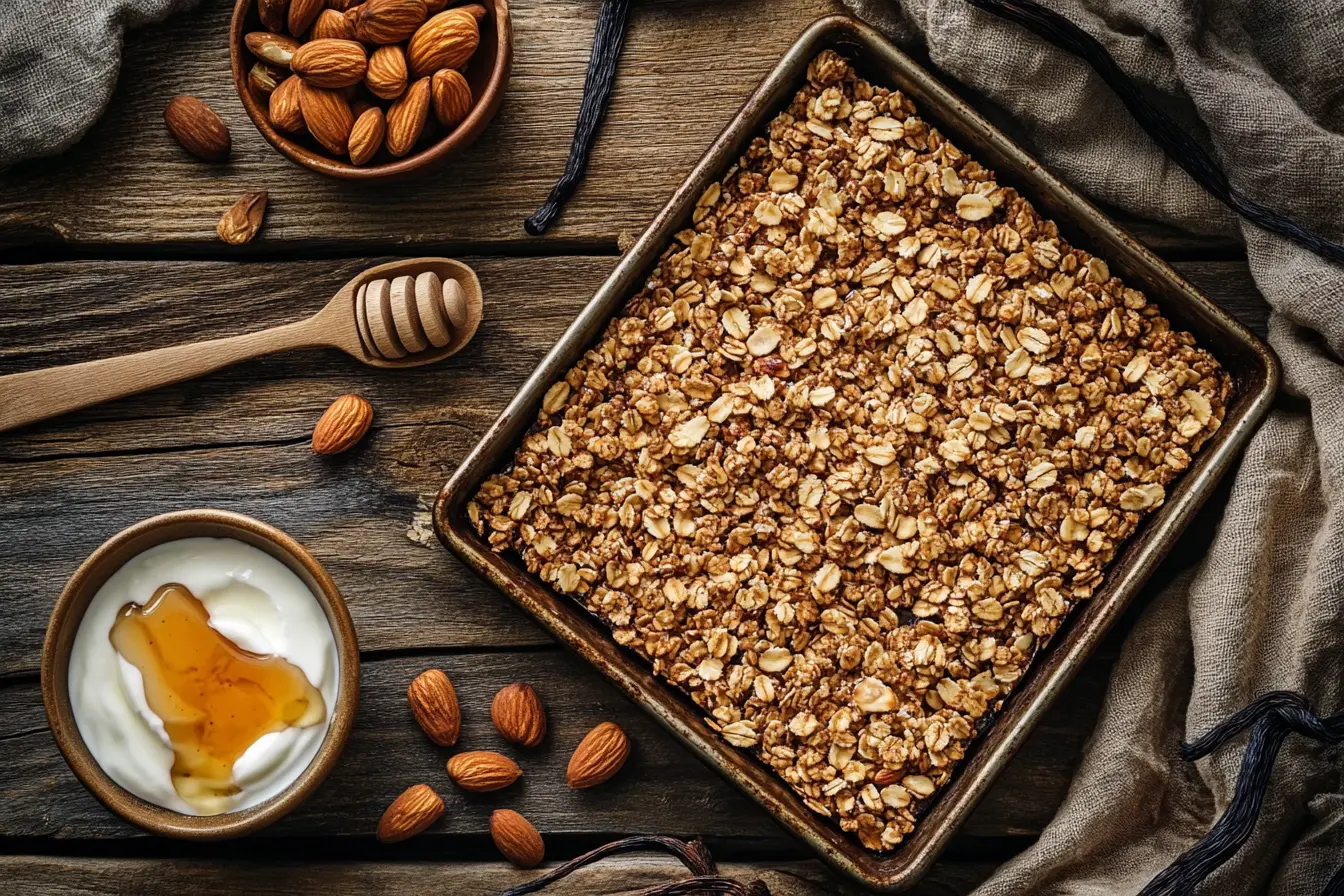 Golden vanilla nut granola in a baking sheet with almonds and oats, served with a side of yogurt and honey on a rustic wooden table.