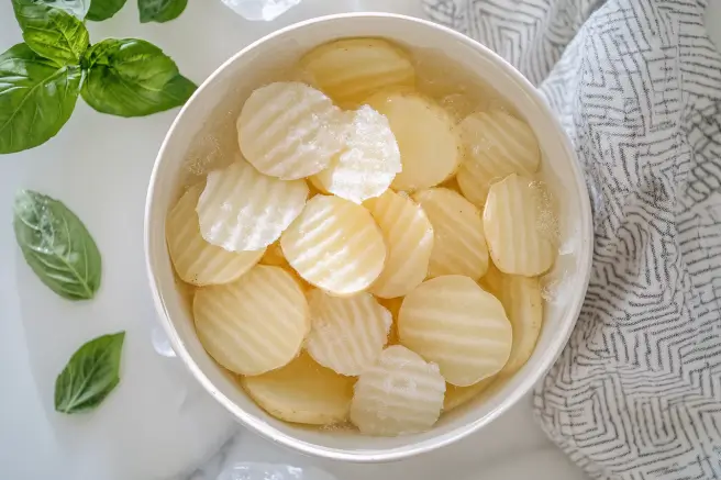 Sliced waffle-shaped potatoes soaking in a bowl of ice water, with ice cubes and a towel ready for drying.

