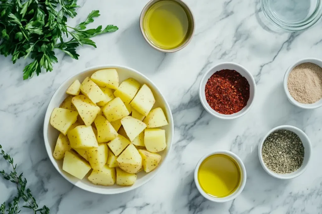 Ingredients for country potatoes: diced potatoes, seasonings, and olive oil.