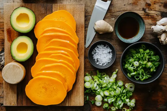 Key ingredients for vegan kabocha stir-fry, including sliced kabocha squash, ginger, garlic, and soy sauce.