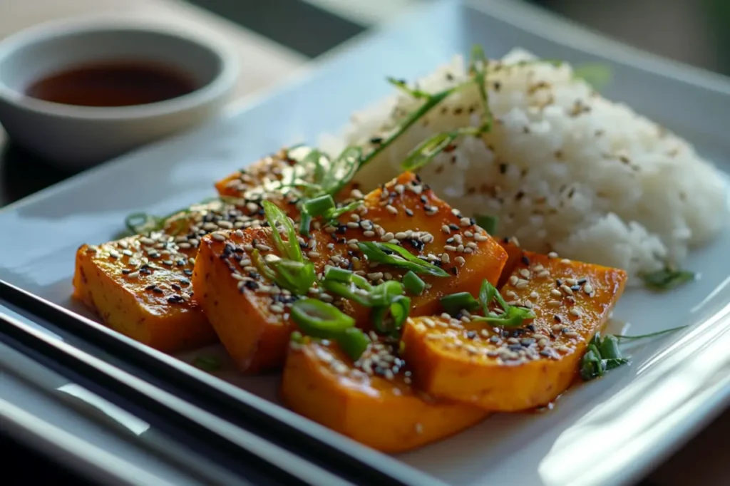 Plated vegan kabocha stir-fry with sesame seeds and green onions, served with steamed rice and chopsticks.