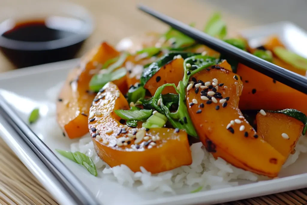 Plated vegan kabocha stir-fry with sesame seeds and green onions, served with steamed rice and chopsticks.