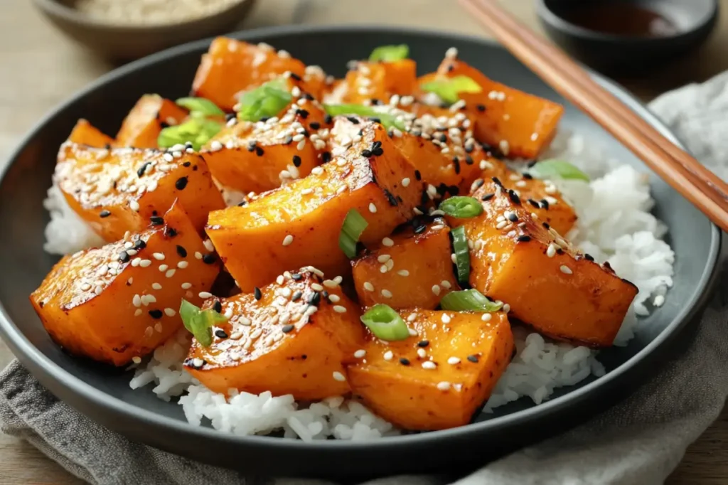 Plated vegan kabocha stir-fry with sesame seeds and green onions, served with steamed rice and chopsticks.