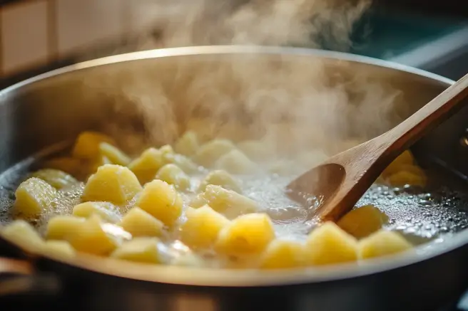 Chopped potatoes boiling in a pot, ready to be mashed for papas rellenas.
