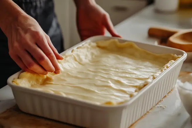 Crescent roll dough being pressed into a rectangular baking dish for the churro cheesecake base.