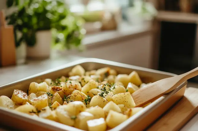 Seasoned diced potatoes on a tray, ready for roasting.