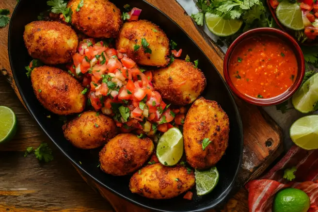 Chilean papas rellenas served with ají sauce, tomato salad, and lime wedges.