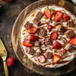 Snickers Strawberry Cheesecake topped with caramel drizzle and whipped cream on a rustic serving board.