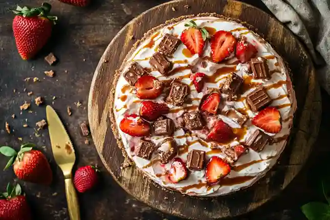 Snickers Strawberry Cheesecake topped with caramel drizzle and whipped cream on a rustic serving board.