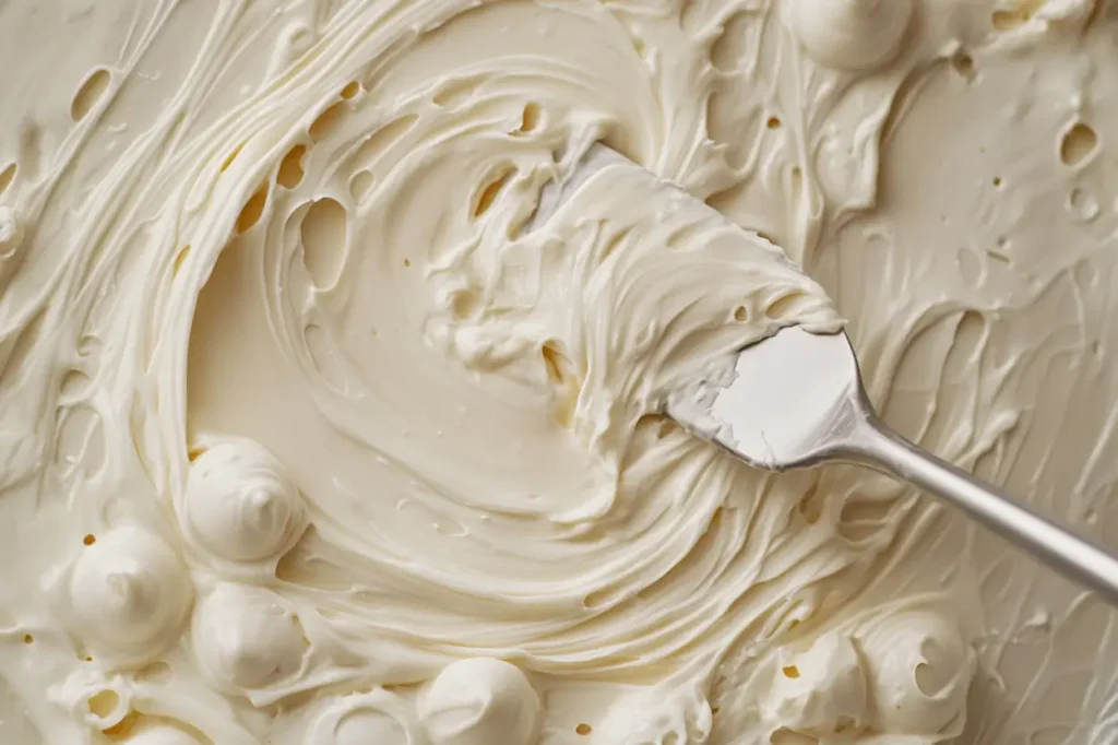 A spatula spreading cream cheese filling over a crescent roll dough base in a baking dish.