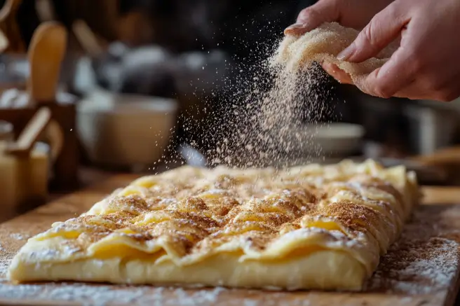 Cinnamon sugar being sprinkled over a crescent roll dough layer for churro cheesecake.