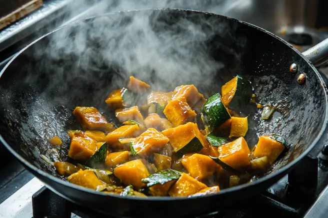 Kabocha squash stir-fried in a wok with a glossy soy-based sauce, tossed to perfection.