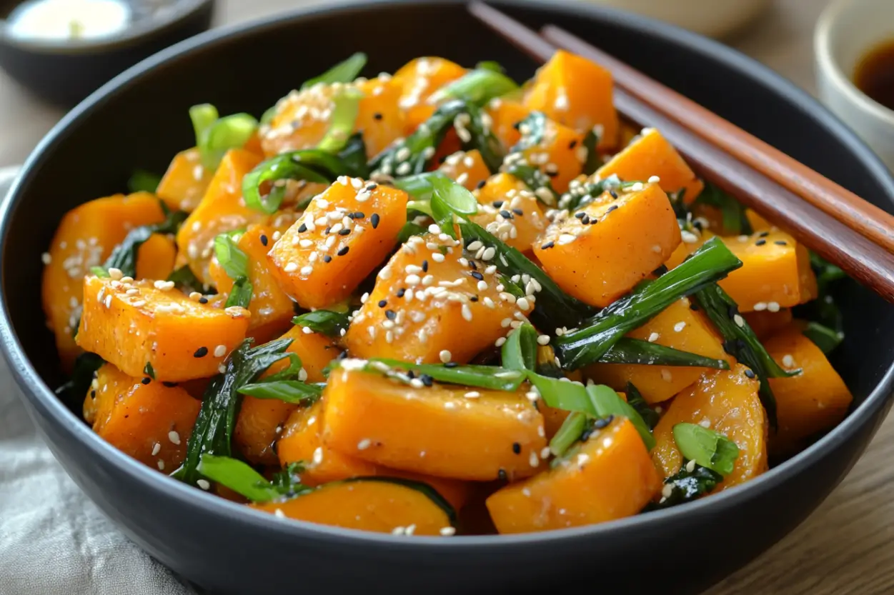 Vegan kabocha stir-fry with ginger, garlic, and green onions in a wok, served with steamed rice.