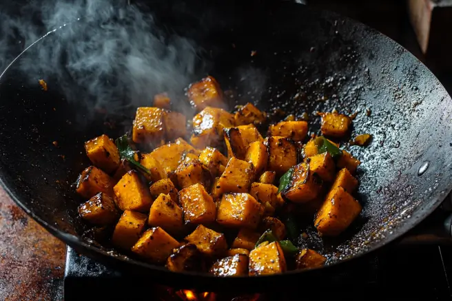 Kabocha squash stir-fried in a wok with a glossy soy-based sauce, tossed to perfection.