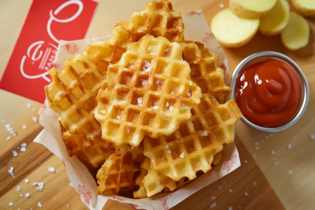 A basket of golden Chick-fil-A-style waffle fries with dipping sauces and fresh potatoes in the background.