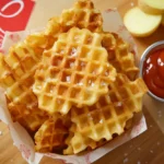 A basket of golden Chick-fil-A-style waffle fries with dipping sauces and fresh potatoes in the background.