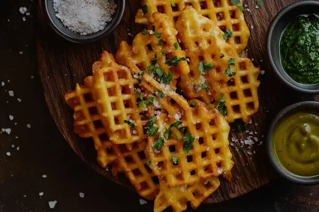 A plate of golden, crispy waffle fries seasoned with sea salt, garnished with parsley, and served with dipping sauces.

