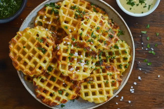 A plate of golden, crispy waffle fries seasoned with sea salt, garnished with parsley, and served with dipping sauces.

