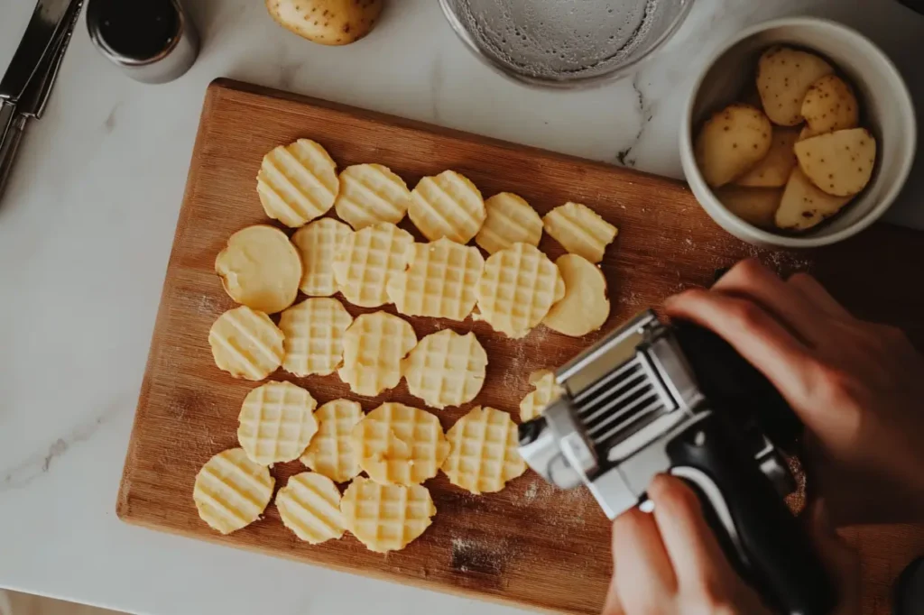 Russet potatoes being sliced into waffle shapes on a mandoline slicer, with a bowl of water ready for soaking.

